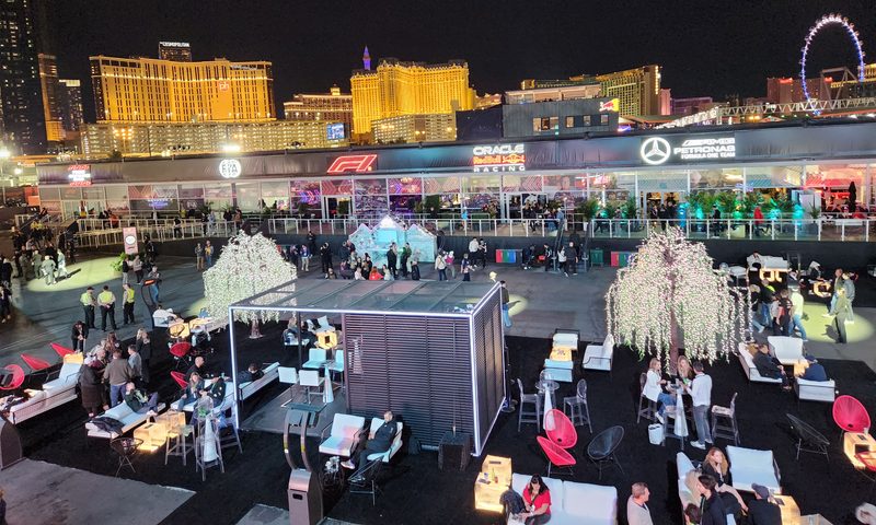 Fan activations and meetin and seating areas in the Paddock at the Las Vegas Grand Prix.