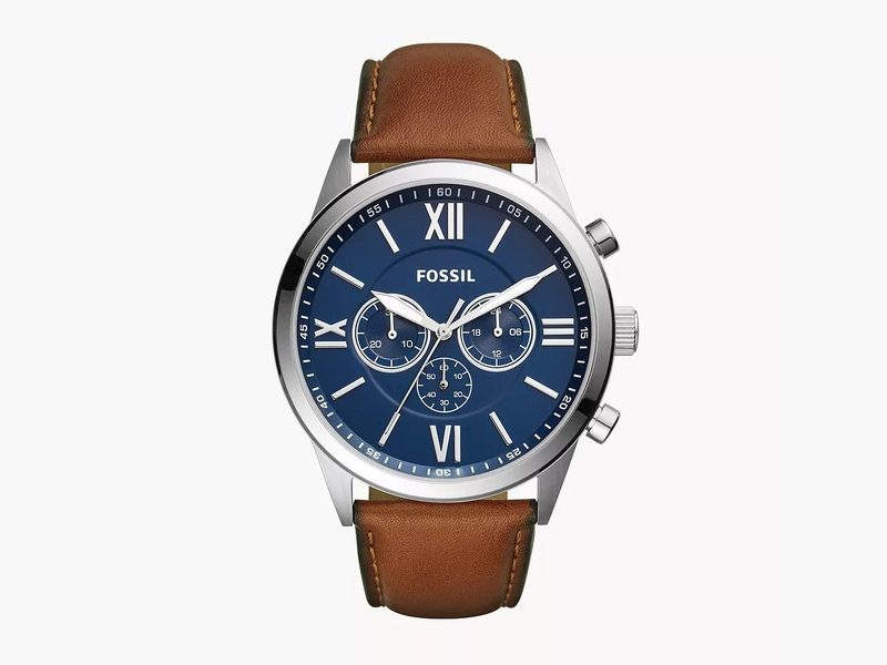 The Fossil Flynn Chronograph features a blue dial and brown leather band.