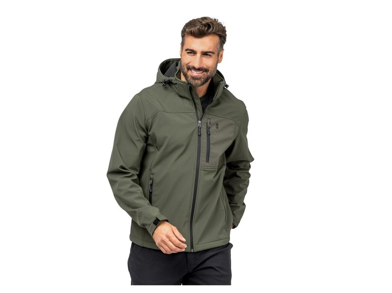 A man wearing a olive-colored Free Country Soft-Shell Jacket.