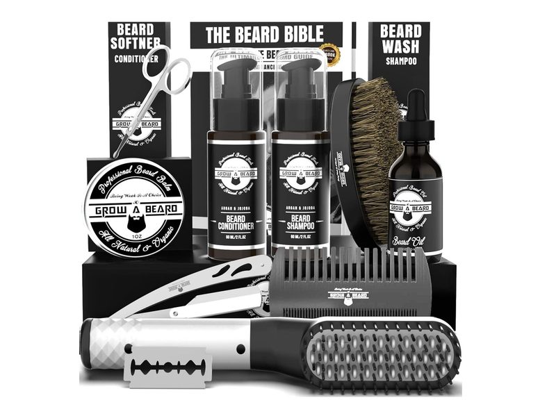 Everything included in Grow Alpha Beard's beard kit.