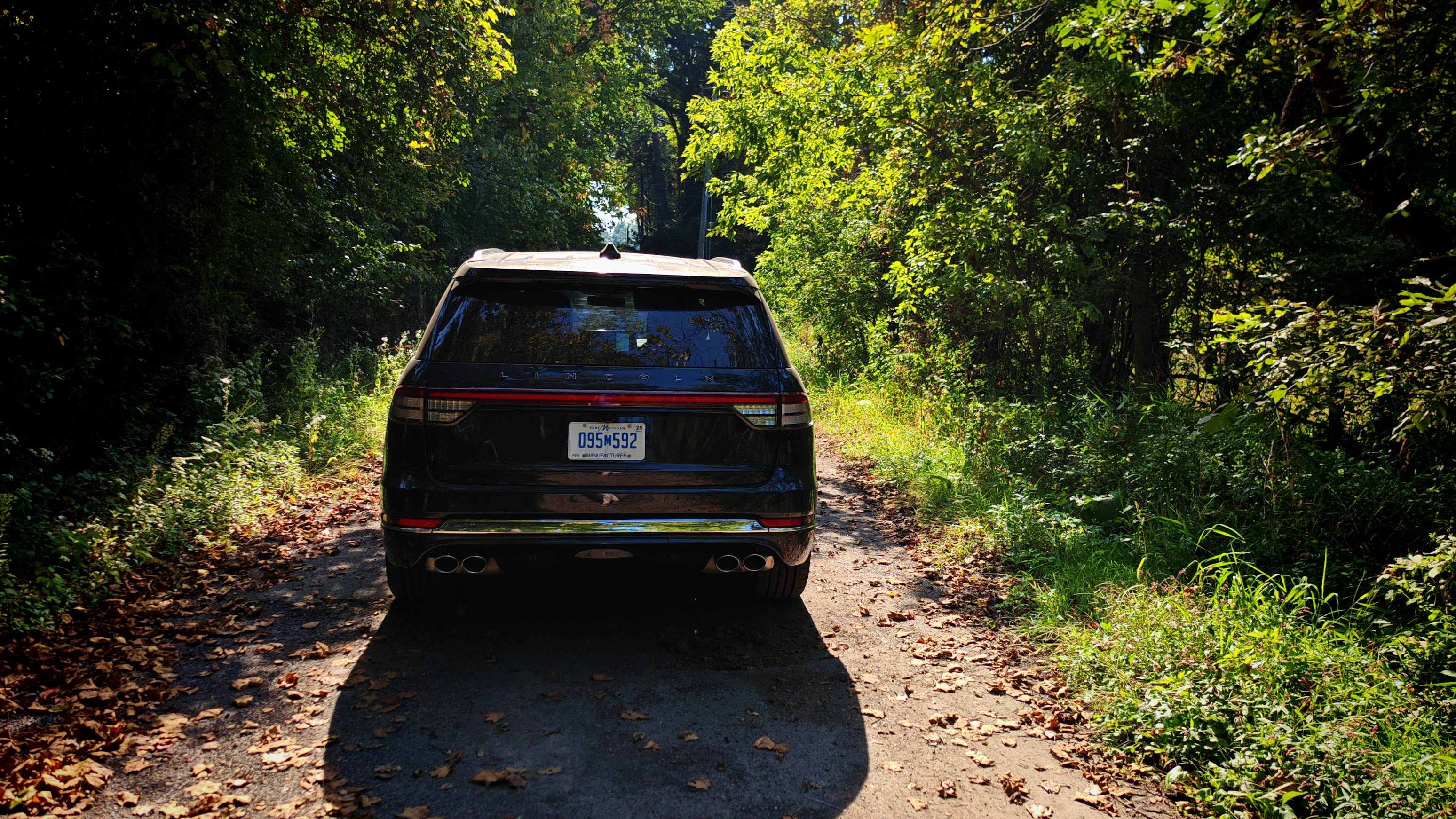 Rear view of a 2025 Lincoln Aviator amongst trees