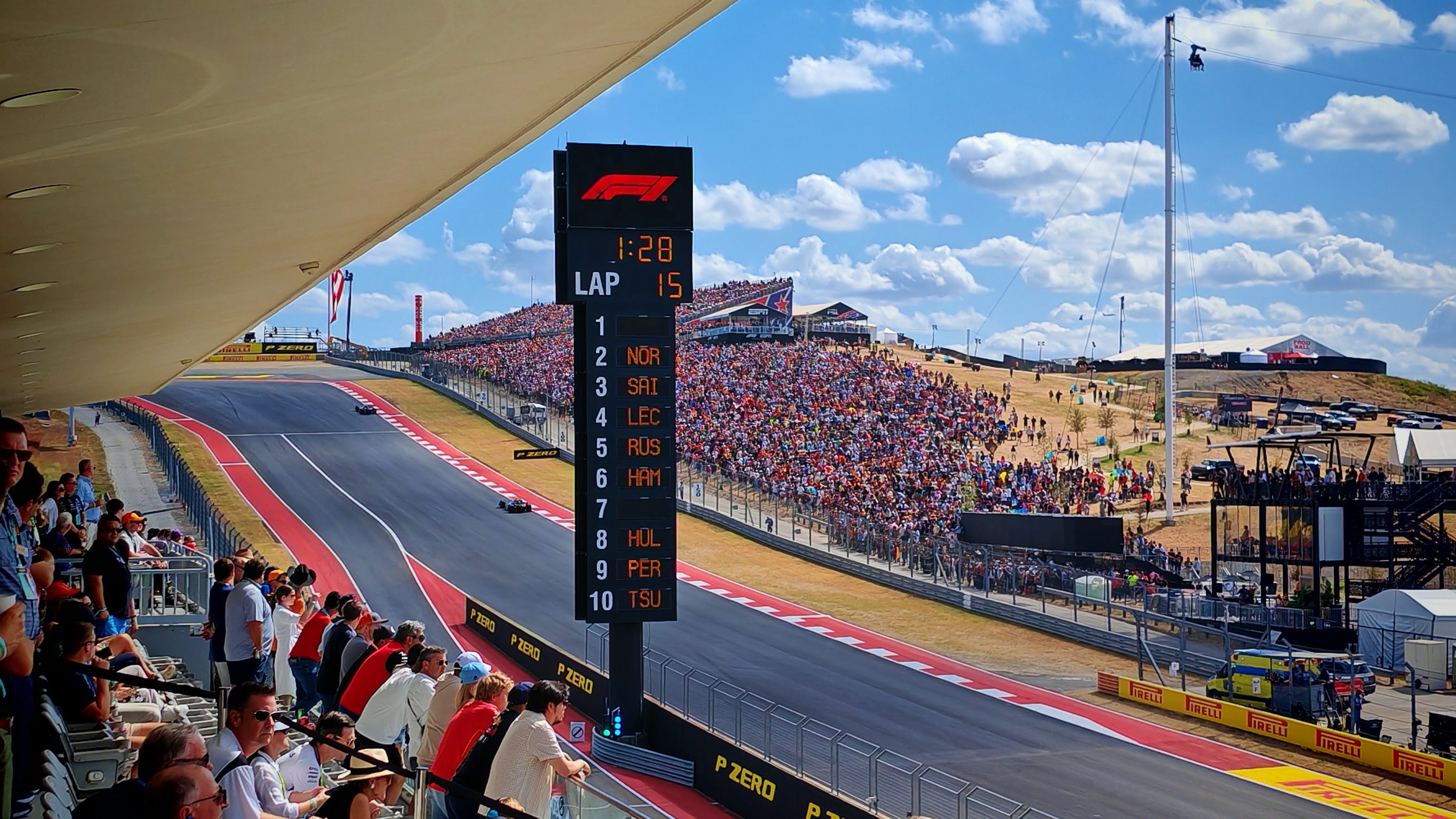 The view of the first corner at COTA from above the pit lane