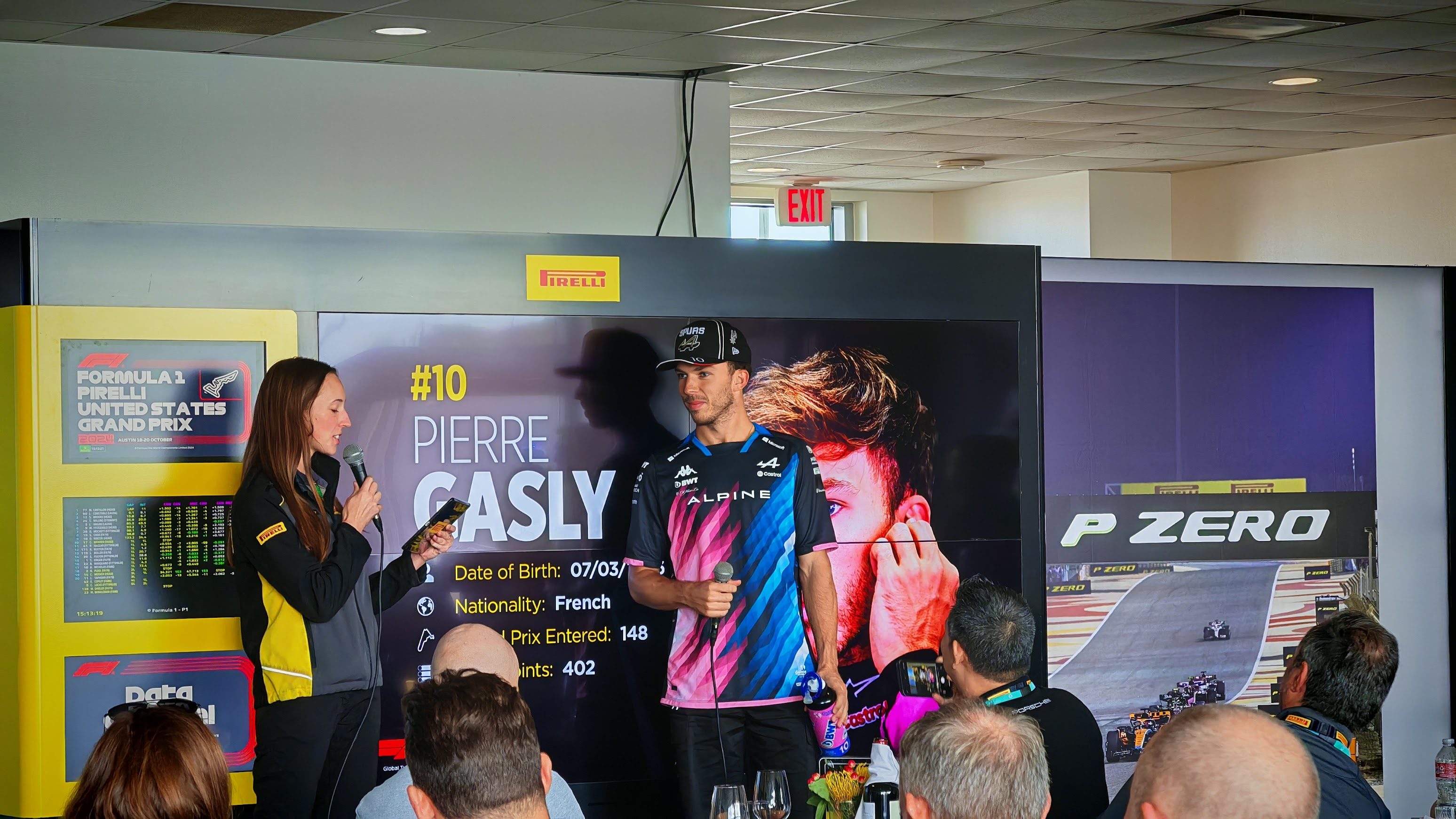 Pierre Gasly being interviewed in Pirelli's suite