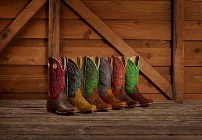 cowboy boots lined up in barn