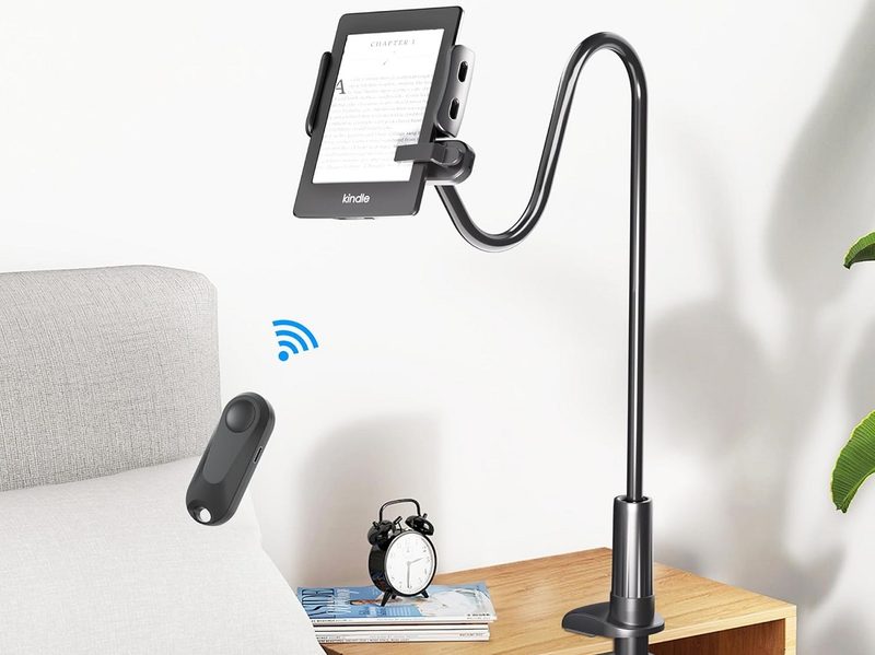 The Kefotic Gooseneck Tablet Holder for Kindle with its Page Turner Remote.