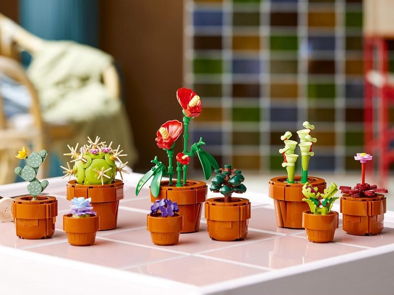 An array of Lego plants in Lego pots from the Lego Icons Tiny Plants kit.