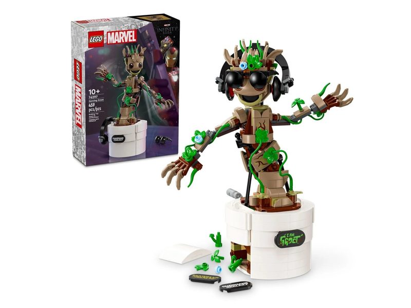 The box and completed model in the Lego Marvel Dancing Groot set.
