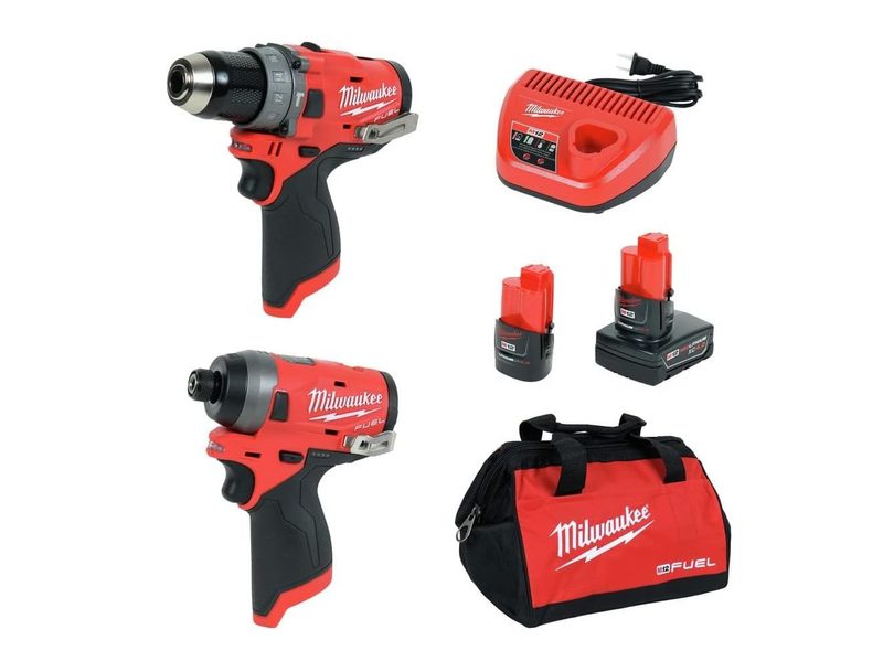 Some of the components of a Milwaukee M12 Hammer Drill and Impact Driver kit.
