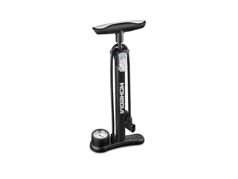 The Mohegia bike pump features a pressure gauge and Schrader and Presta valves.