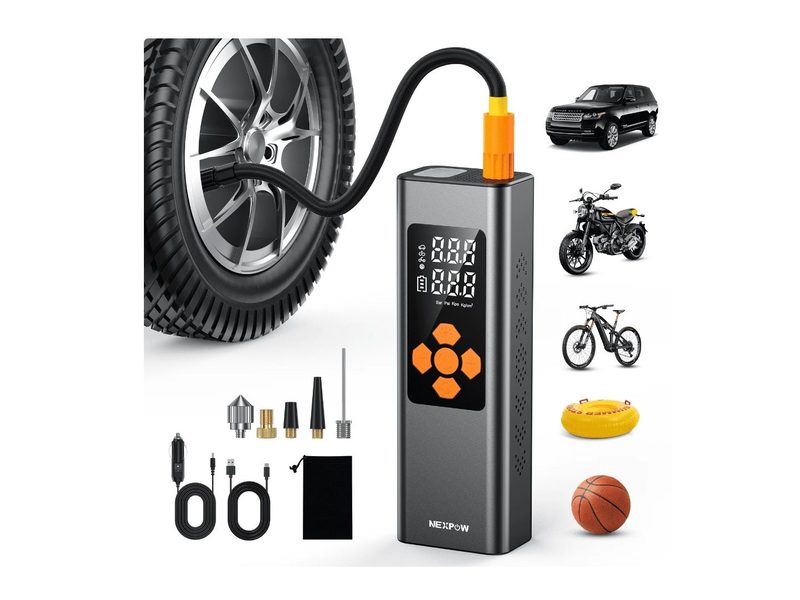 Nexpow's Tire Inflator with all parts, showing what it can safely inflate.