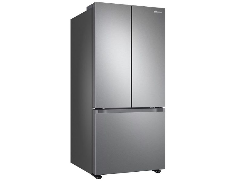 The Samsung 22 cu. ft. 3-Door French Door Smart Refrigerator on a whiter background.