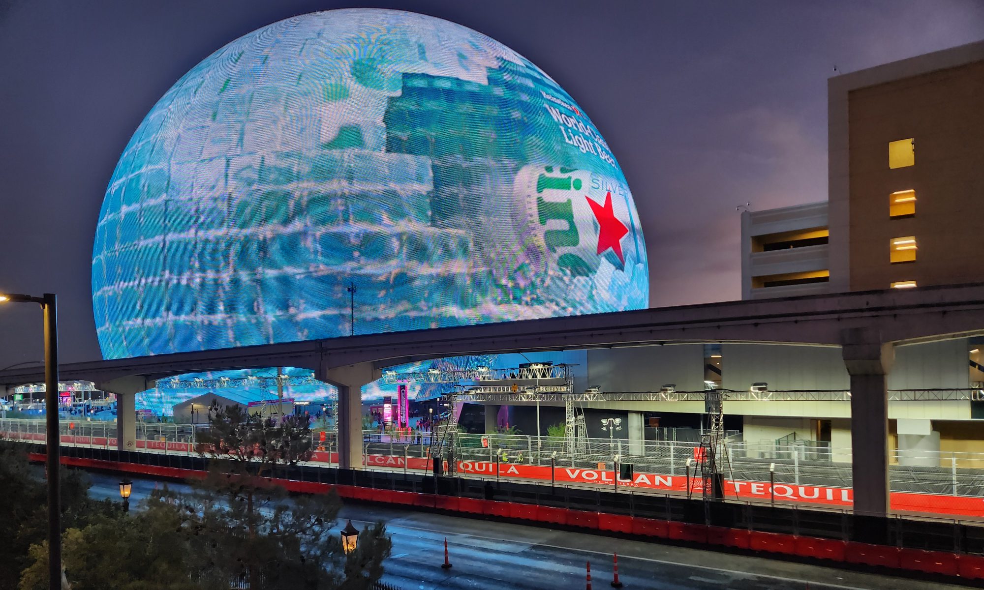 Sphere in Las Vegas viewed from a walkway on the way to the track.