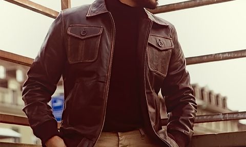 The Jacket Maker the Aaron leather bomber jacket worn outside