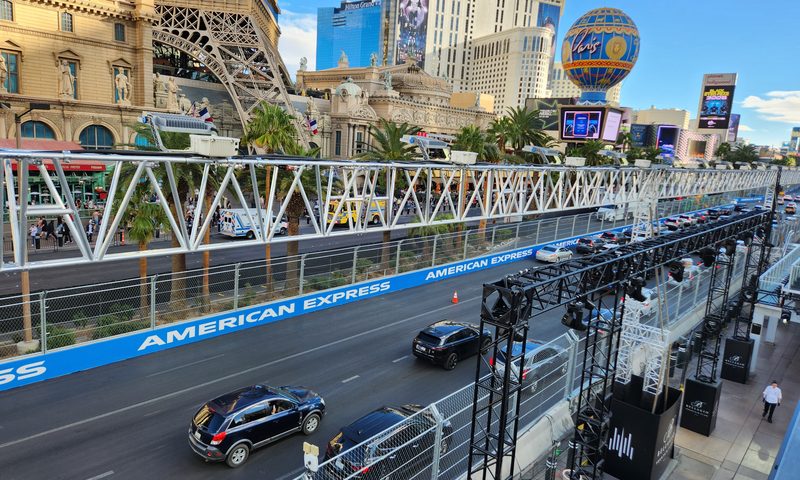 The Las Vegas Grand Prix race circuit seem from the roof of the Fountain Club at Bellagio during the day when the streets were open to the public.