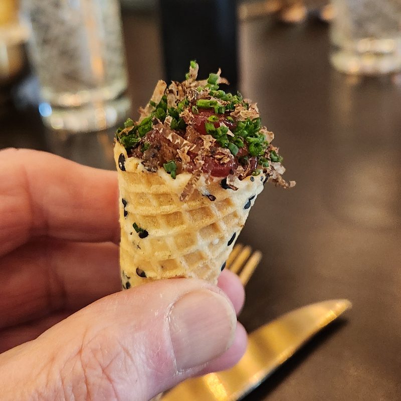 Trackside Lunch with Gordon Ramsay - First Course - Tartar cone with blue fin tuna, black truffles, and avocado.