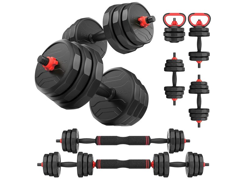The UKEEP 55/75/90 lbs. adjustable dumbbells set, with all parts shown.