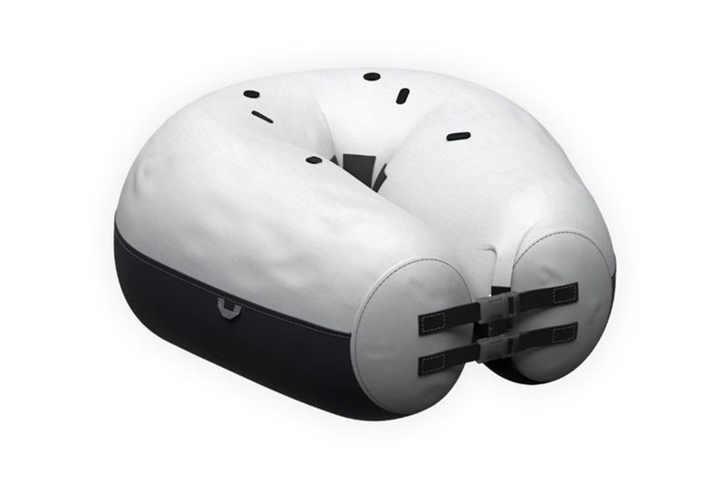 AirPot inflatable portable outdoor toilet seat isolated on a plain white background.