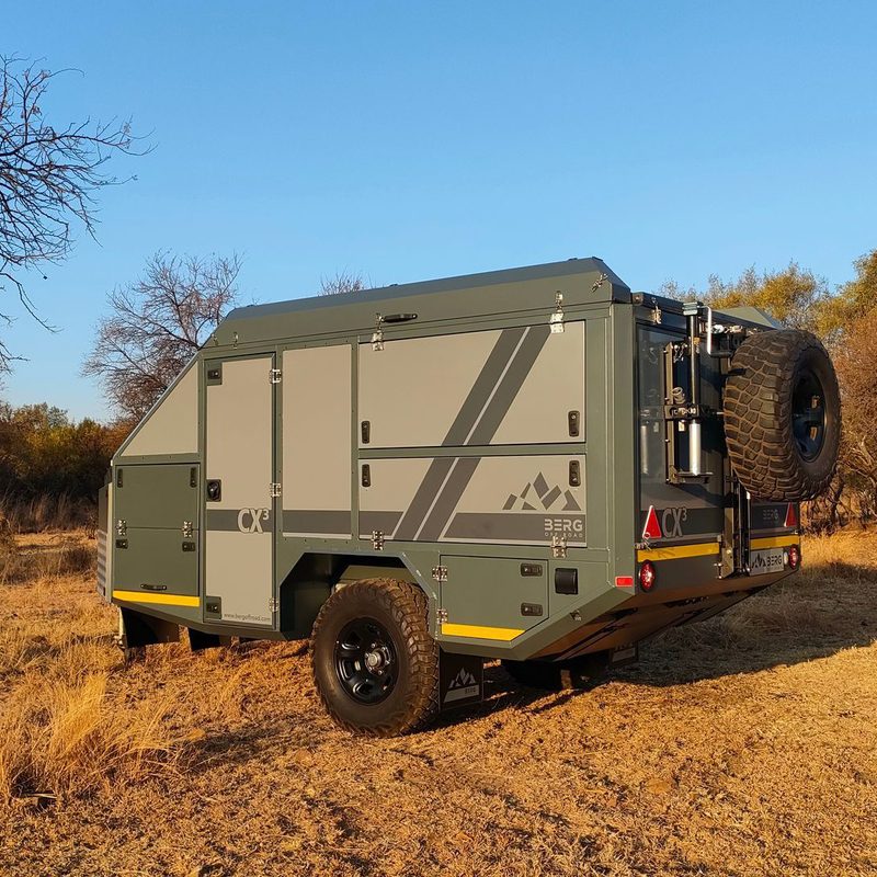 Rear/side corner of BERG Off-Road's CX3 off-road trailer/camper