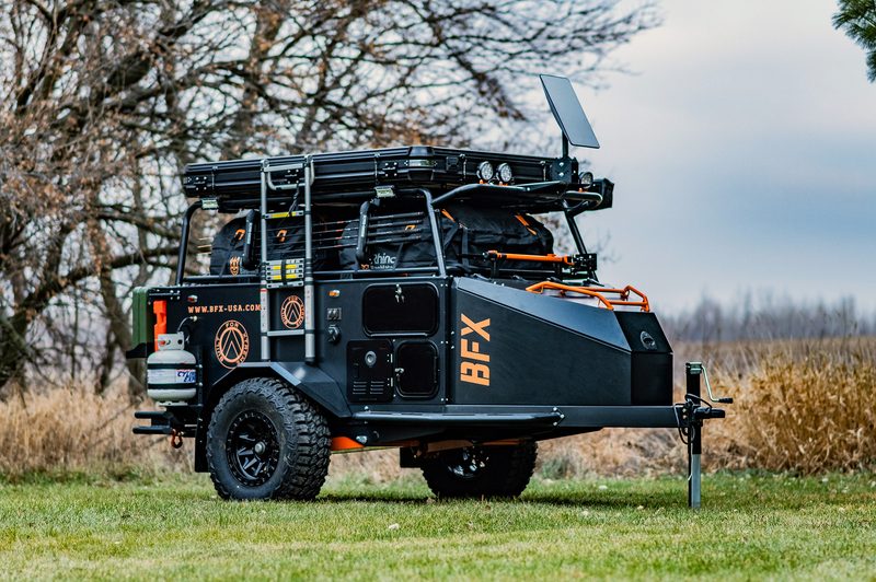 Built for Extreme (BFX) micro-trailer collapsed down and ready for towing.