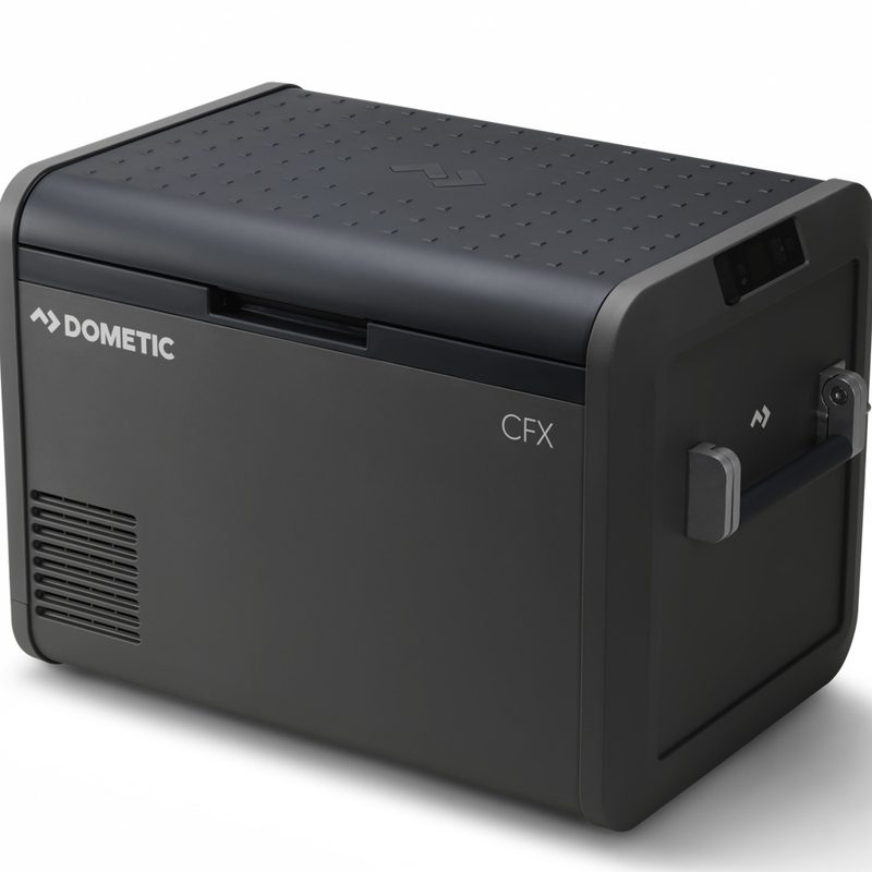 Dometic CFX5 55IM portable fridge/electric cooler isolated on a plain studio background