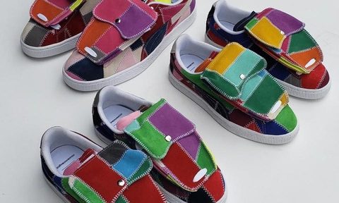 multiple patchwork suede sneakers on white table