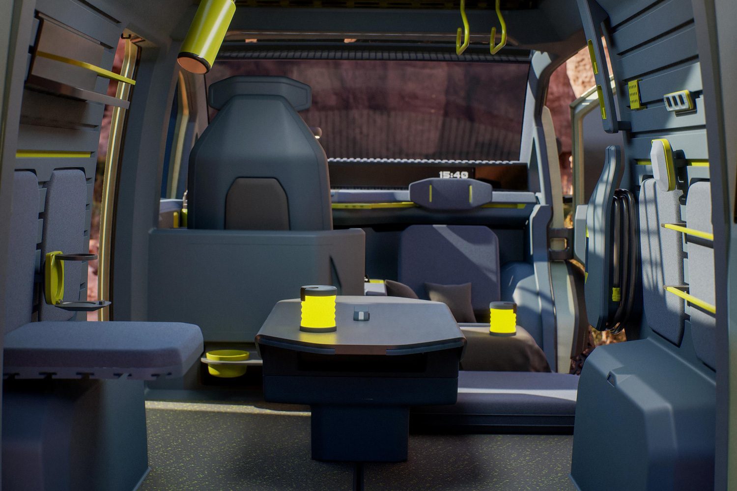 Modular interior of Kia's PV5 WKNDR EV concept camper van.