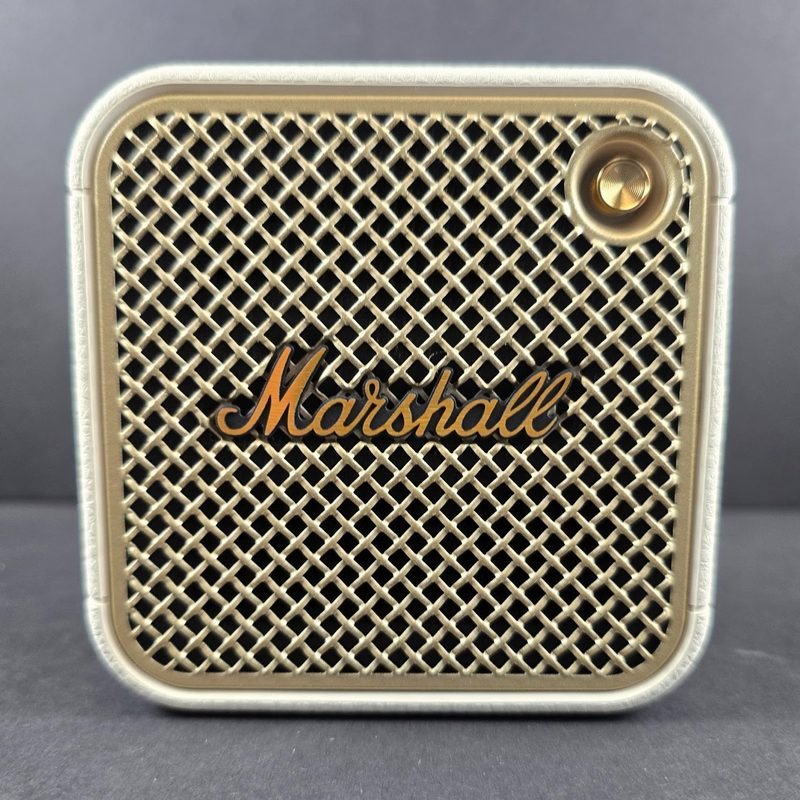 Close up of a white Marshall speaker