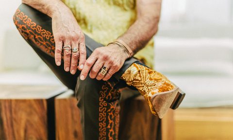 man wearing yellow cowboy boots