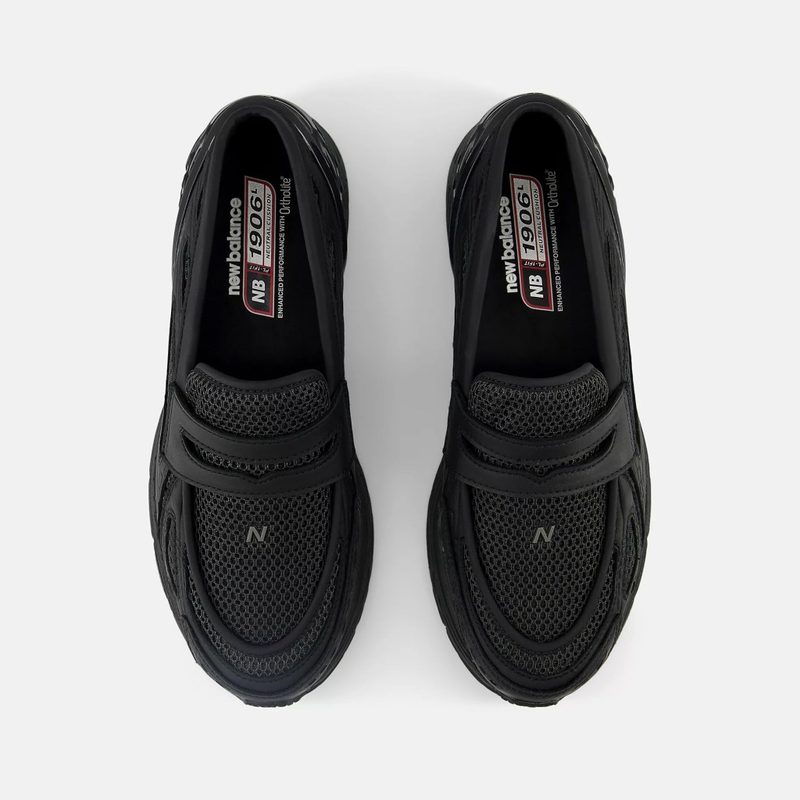 overhead shot of black loafer