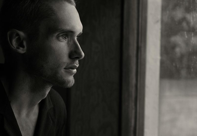 man thinking black and white picture