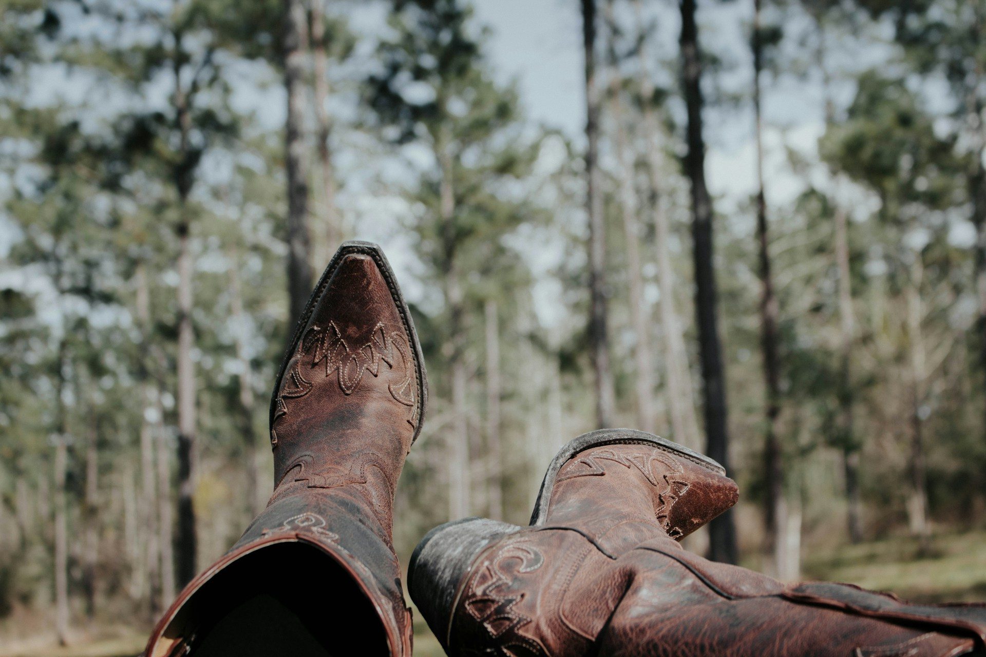 person wearing cowboy boots with nature in background