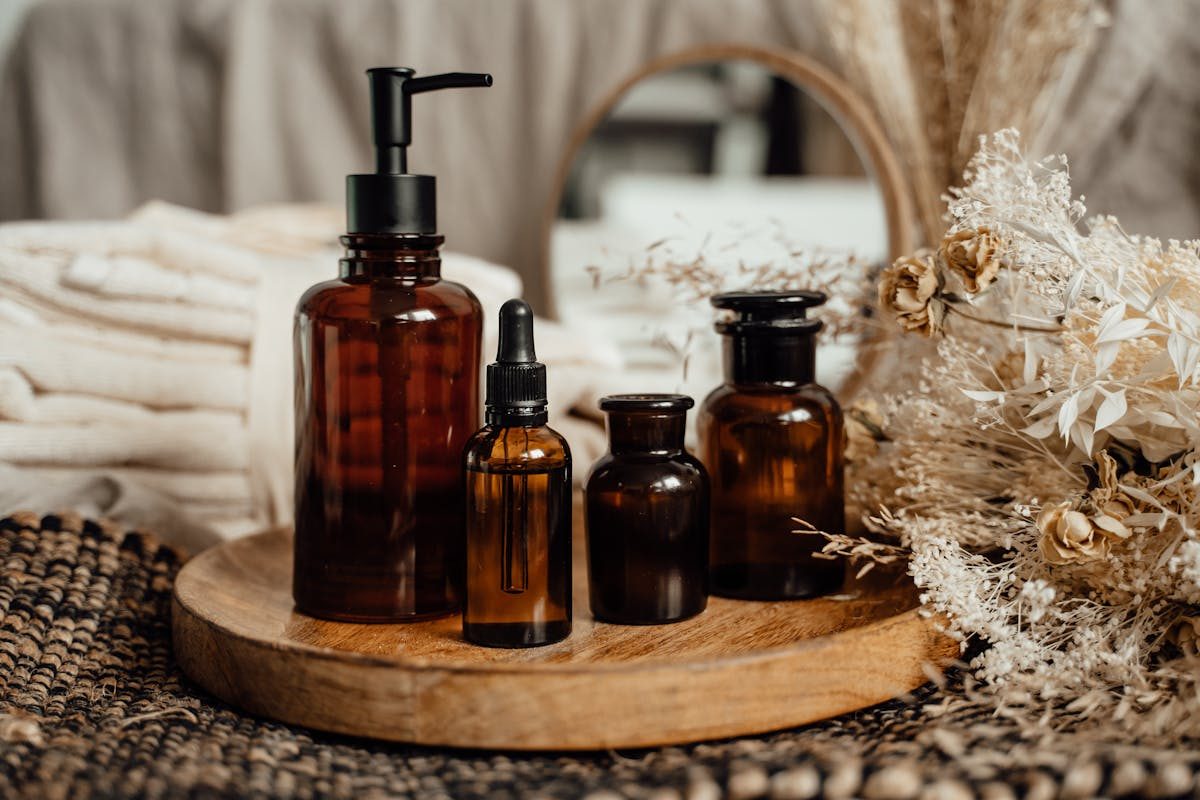 serums on lazy susan that is wooden
