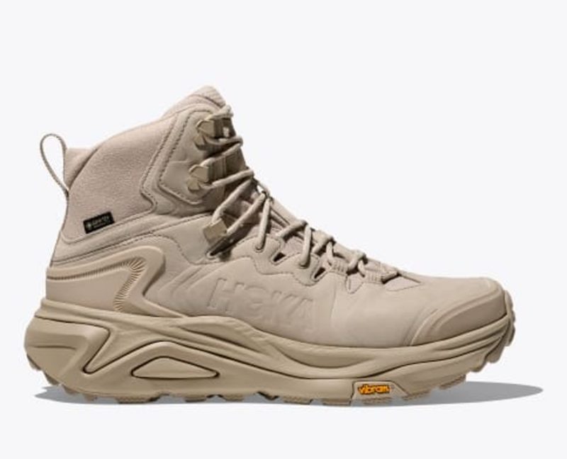 side view of beige trail boot