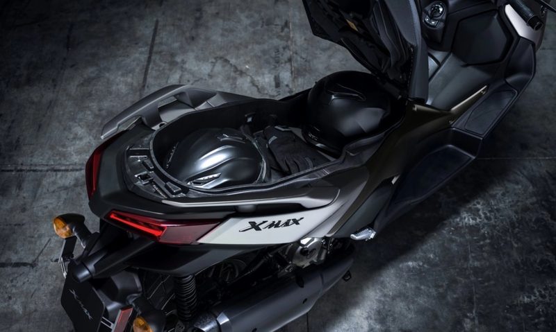 2024 Yamaha XMAX scooter underseat storage has ample room for two full-face motorcycle helmets.
