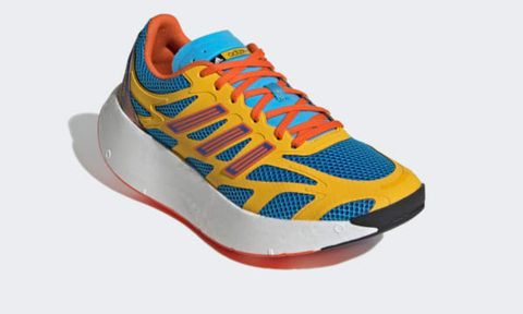 yellow, blue, and orange adidas sneaker