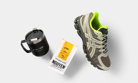 asics sneaker, stanley mug, and coffee bag