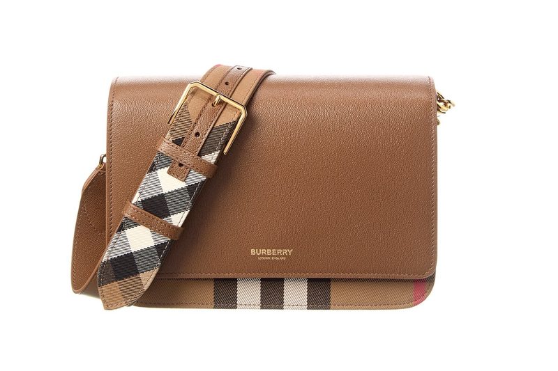 The Burberry Mackford Check Canvas and Leather Shoulder Bag on a white background.