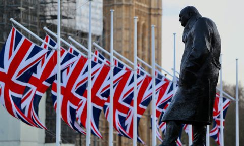 Churchill statue and English flags