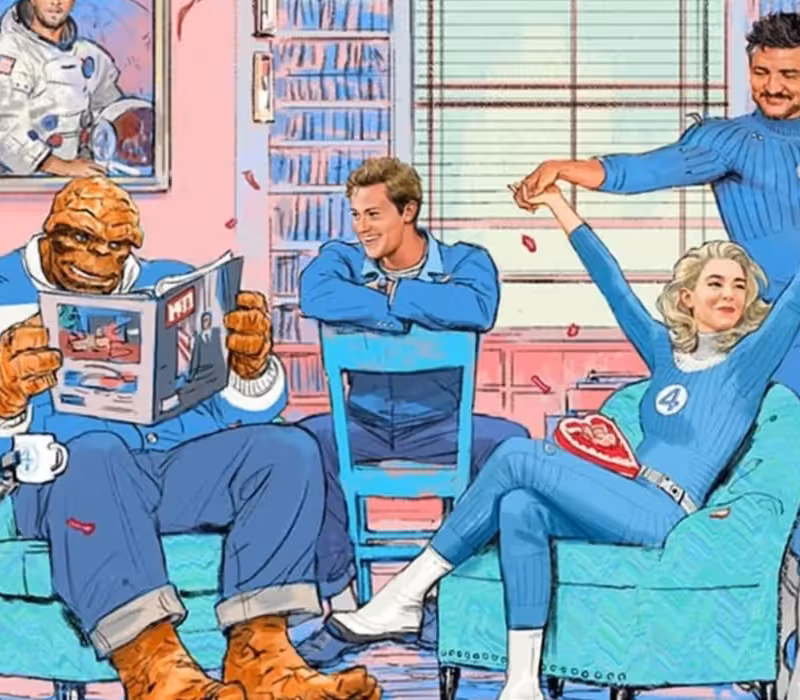 A sketch of the cast of Fantastic Four: First Steps.