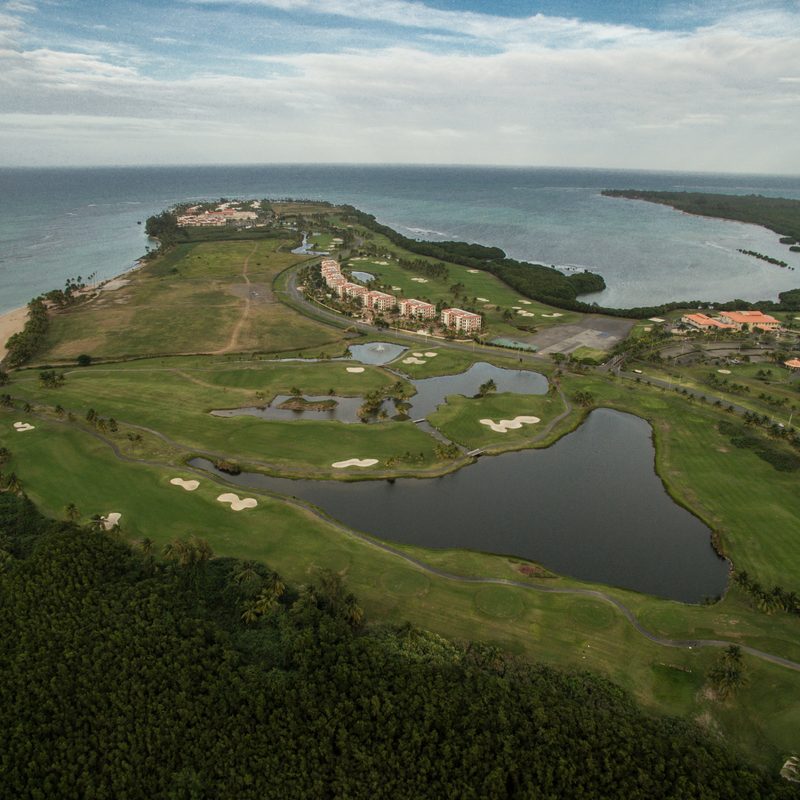 Aerial view over the Coco Beach Golf Club and the Hyatt Regency Hotel