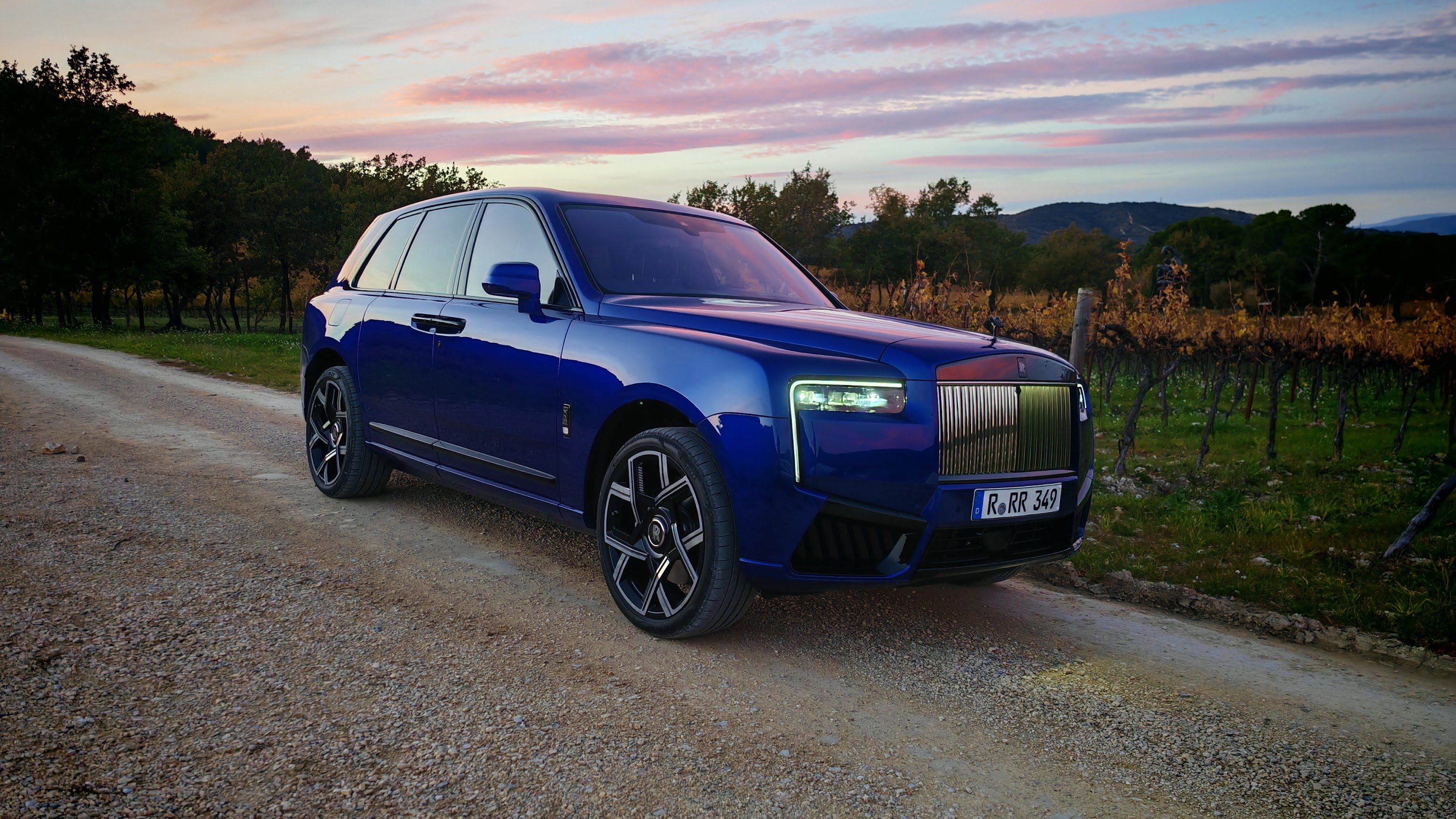 Front 3.4 view of a Cullinan Series II in a vineyard