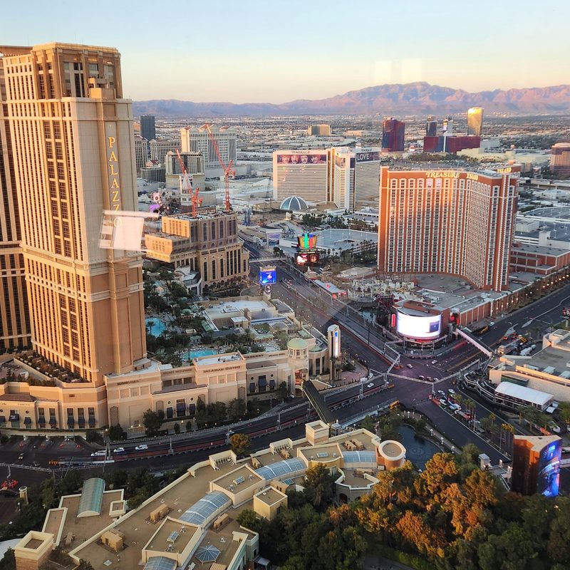 Las Vegas Grand Prix street circuit race track in use by the public during the daytime from the 60th floor of Wynn Las Vegas.