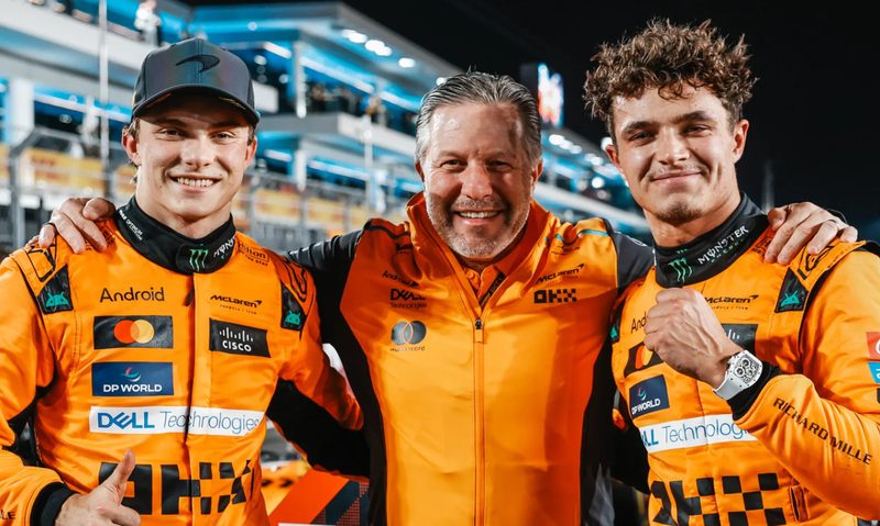 McLaren F1 drivers Oscar Piastri and Lando Norris with McLaren Racing CEO Zak Brown.