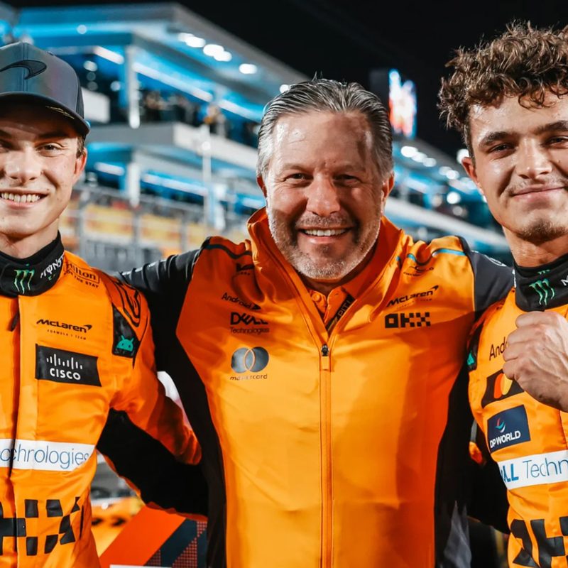 McLaren F1 drivers Oscar Piastri and Lando Norris with McLaren Racing CEO Zak Brown.