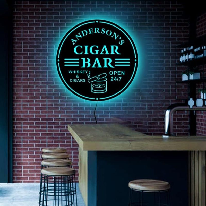 Soulglass personalized cigar bar sign hung on the wall -- best cigar gifts