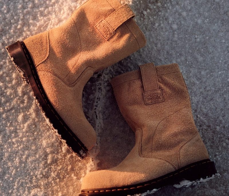 beige suede work boots on snow