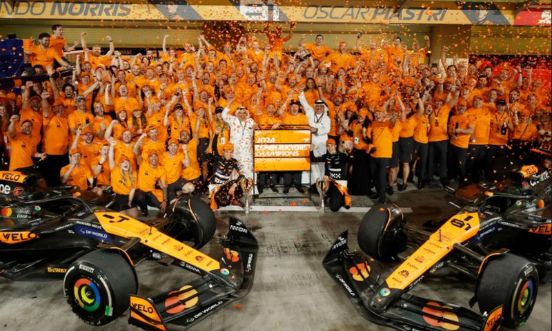 The McLaren Racing team celebrate winning the 2024 F1 World Constructors' Championship.