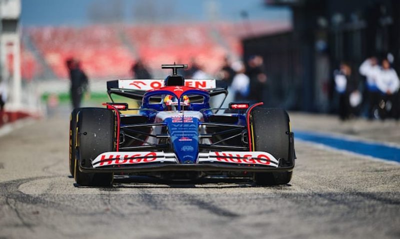 Visa Cash App RB Honda F1 race car direct frontal view on race track.