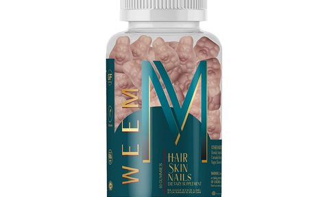 The bottle of the Weem Hair, Skin and Nails Gummies on a white background.