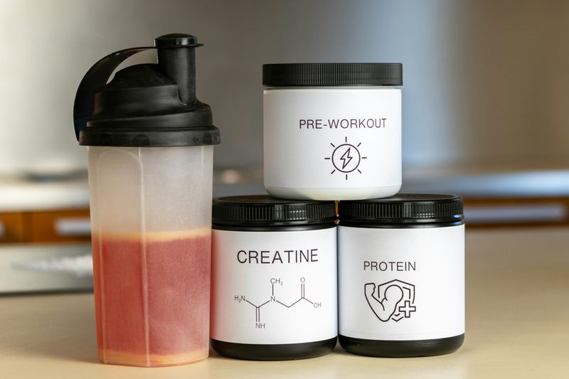 creatine three tubs protein pre workout shake drink on table